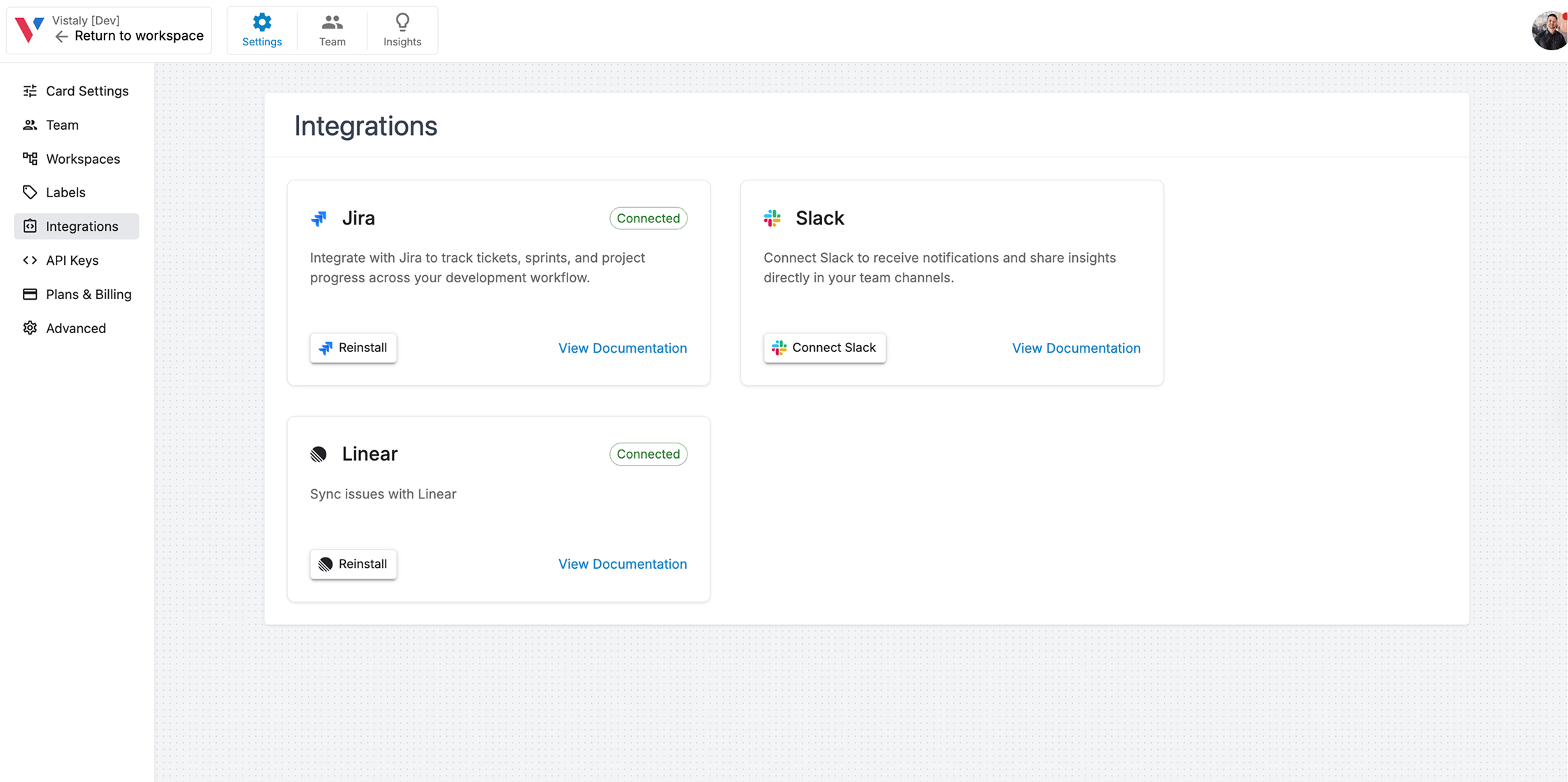 Integrations page with Linear option
